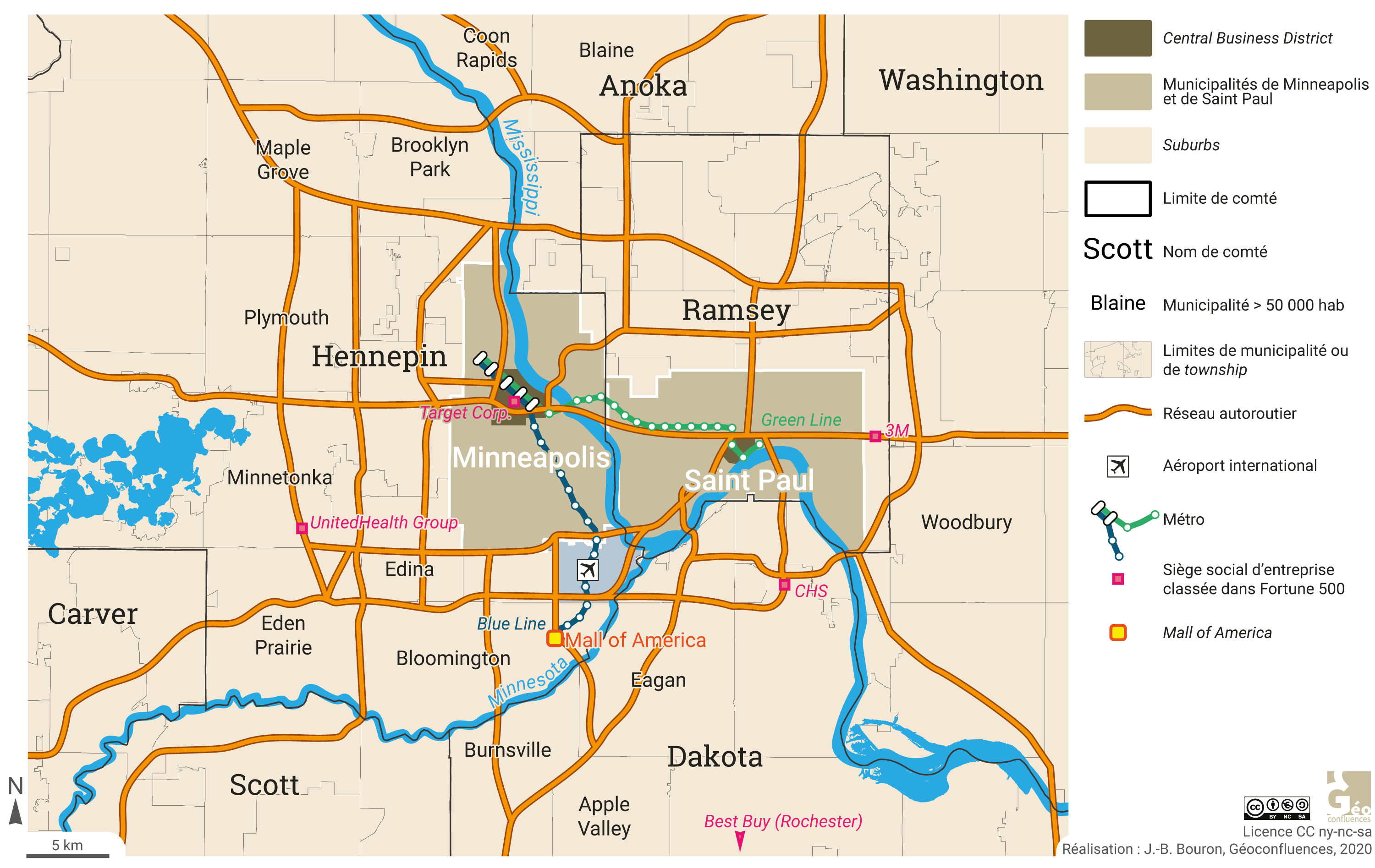 Réseaux et polycentrisme à l’échelle du cœur de la métropole Minneapolis Saint Paul (haute définition)  (États-Unis)