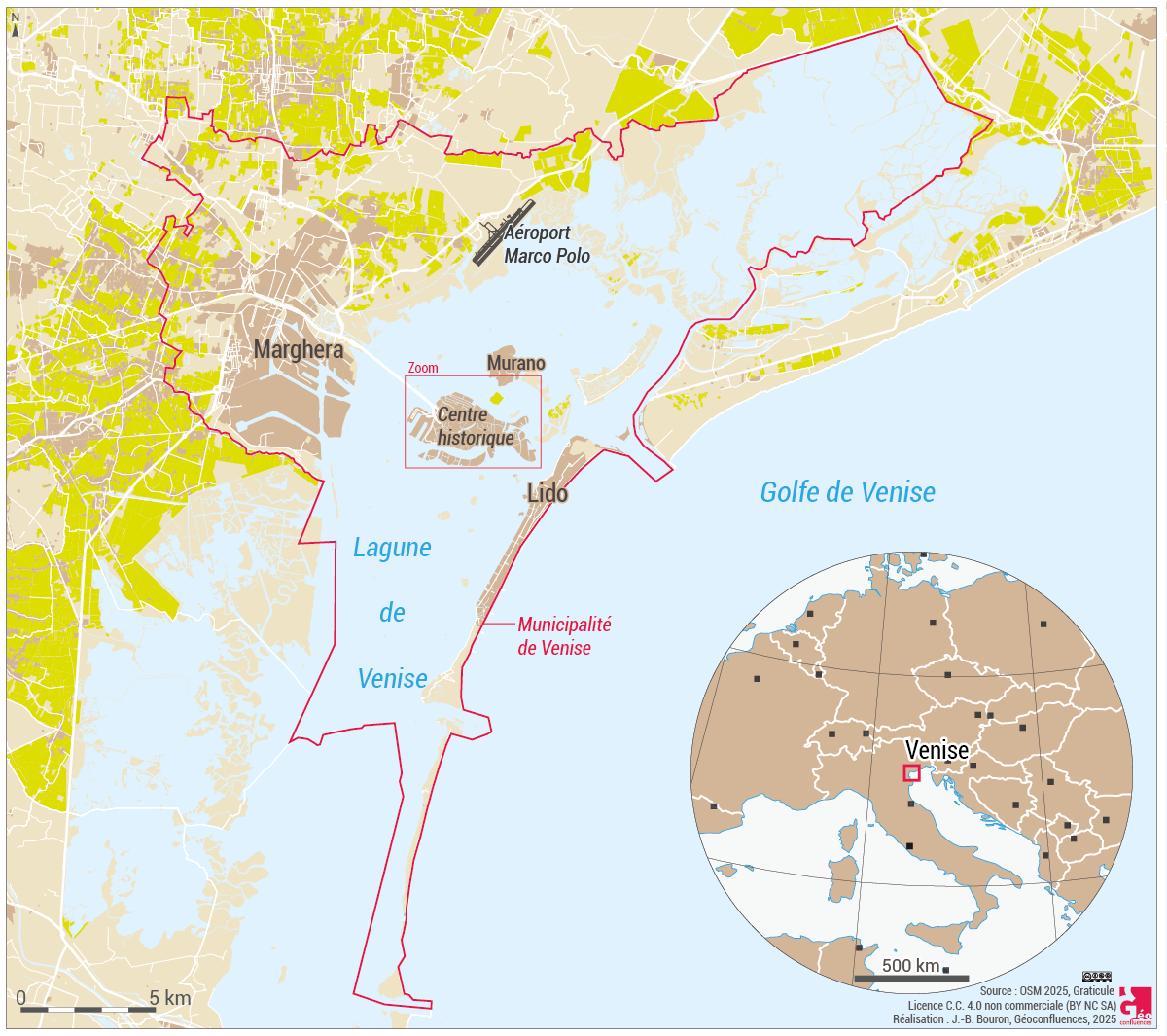 Étendue de la municipalité de Venise et détail du centre historique sur l’île de Venise (Italie)