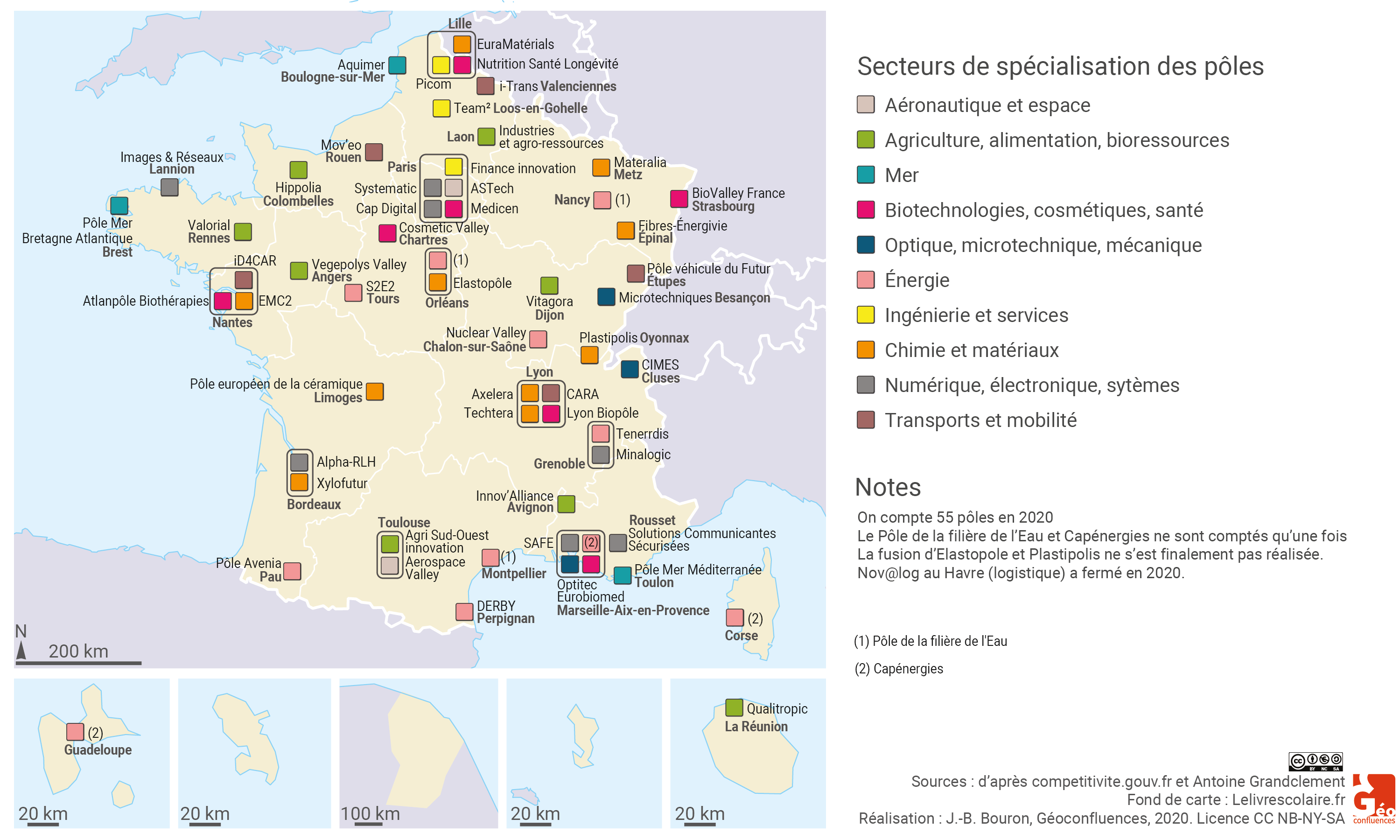 La carte des 55 pôles par secteur d'activité en France en 2020 (haute définition)