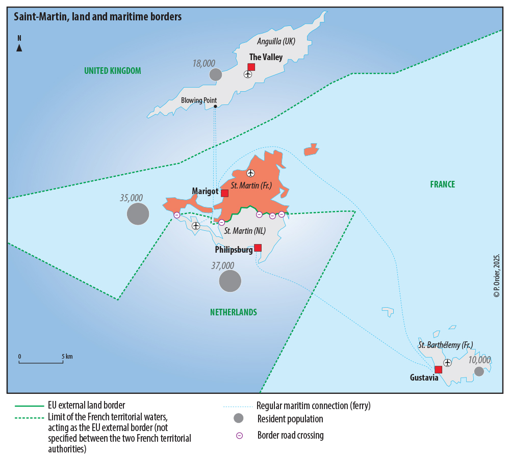 Frontière entre France et Pays-Bas à Saint-Martin (Sint Maarten), dans les Antilles Pascal Orcier — Carte frontière Saint Martin
