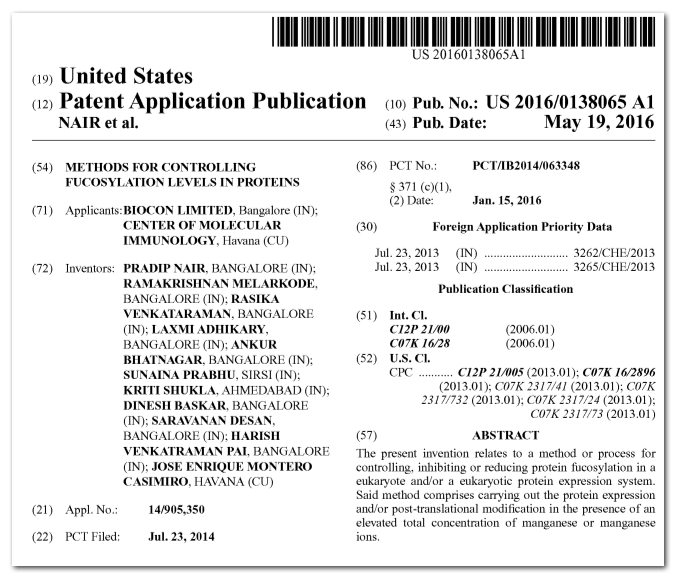 Brevet indo-cubain déposé aux États-Unis en 2016 sur une méthode de production biopharmaceutique