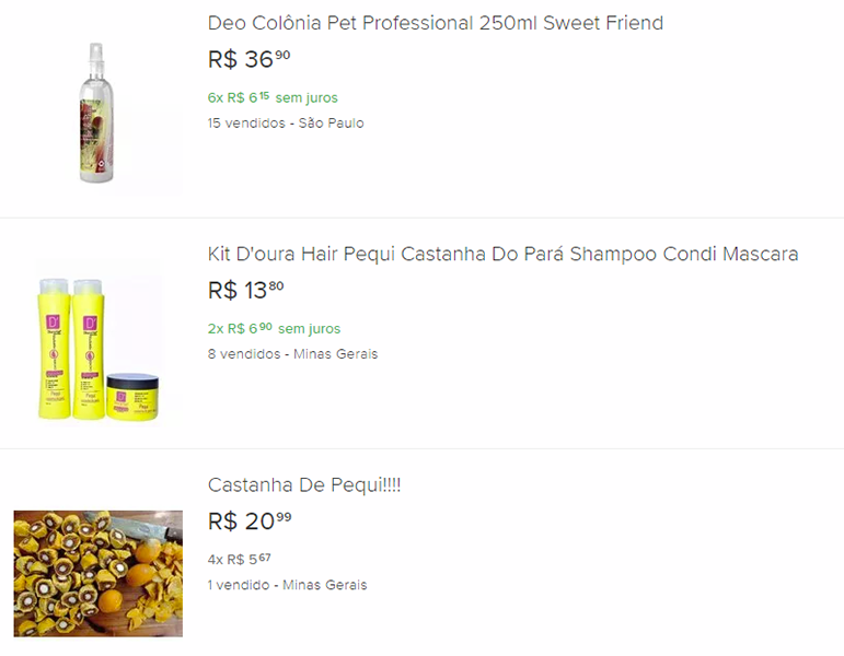 Produits dérivés de « castanha de pequi » sur un site de commerce en ligne brésilien