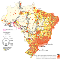La route BR364 et les axes routiers Sud-Nord au Brésil, sur densité de population et population des agglomérations