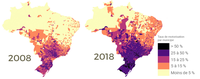 Taux de motorisation au Brésil par municipe, 2008-2018