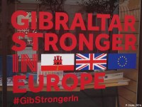 Vitrine du local de campagne anti-Brexit dans la rue principale de Gibraltar (Royaume-Uni)