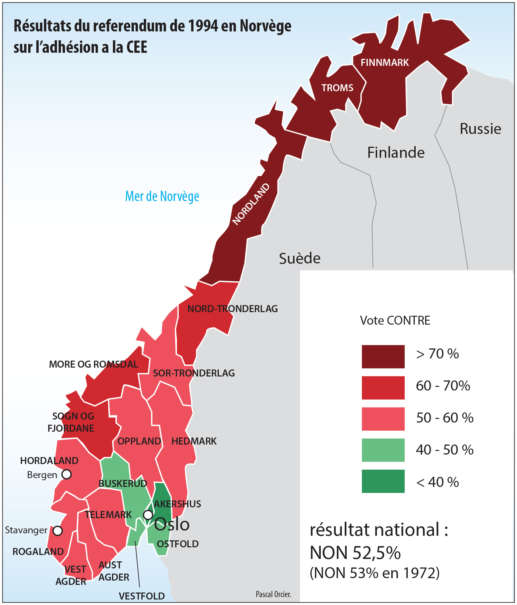 carte des résultats du référendum en Norvège 1994 adhésion CEE