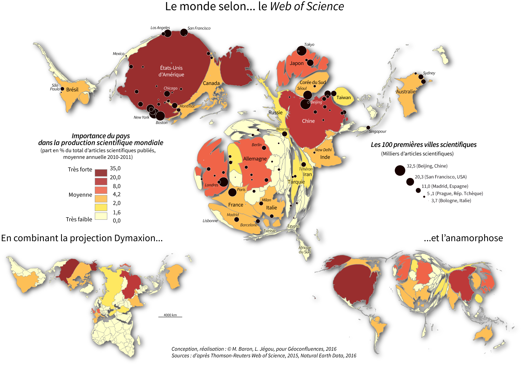 Le monde selon le Web of Science en projection Dymaxion et anamorphose