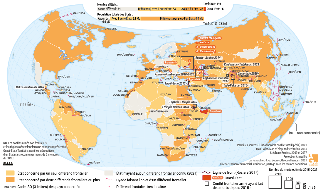 planisphère : les conflits frontaliers dans le monde