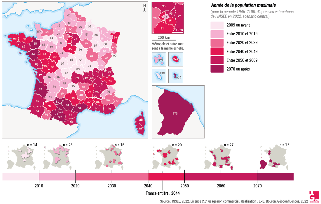 Estimation de l’année du maximum démographique, par département, 1945-2100, d’après le modèle Omphale de l’INSEE, scénario central, 2022.