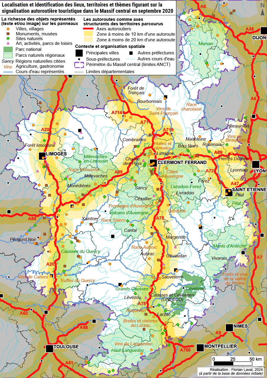 Carte panneaux marron autoroutes massif central