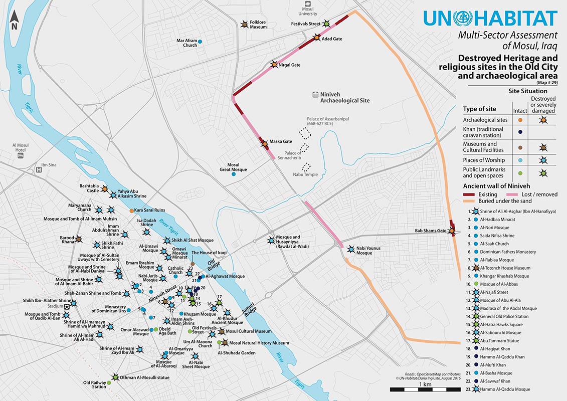 Carte des destructions de Daech dans le centre de Mossol, Irak, Dario Ingiusto, ONU Habitat, 2016