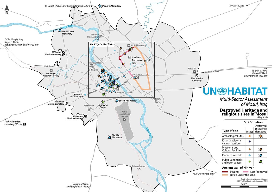 Carte des destructions de Mossoul, cadrage large, ONU habitat et Dario Ingiusto