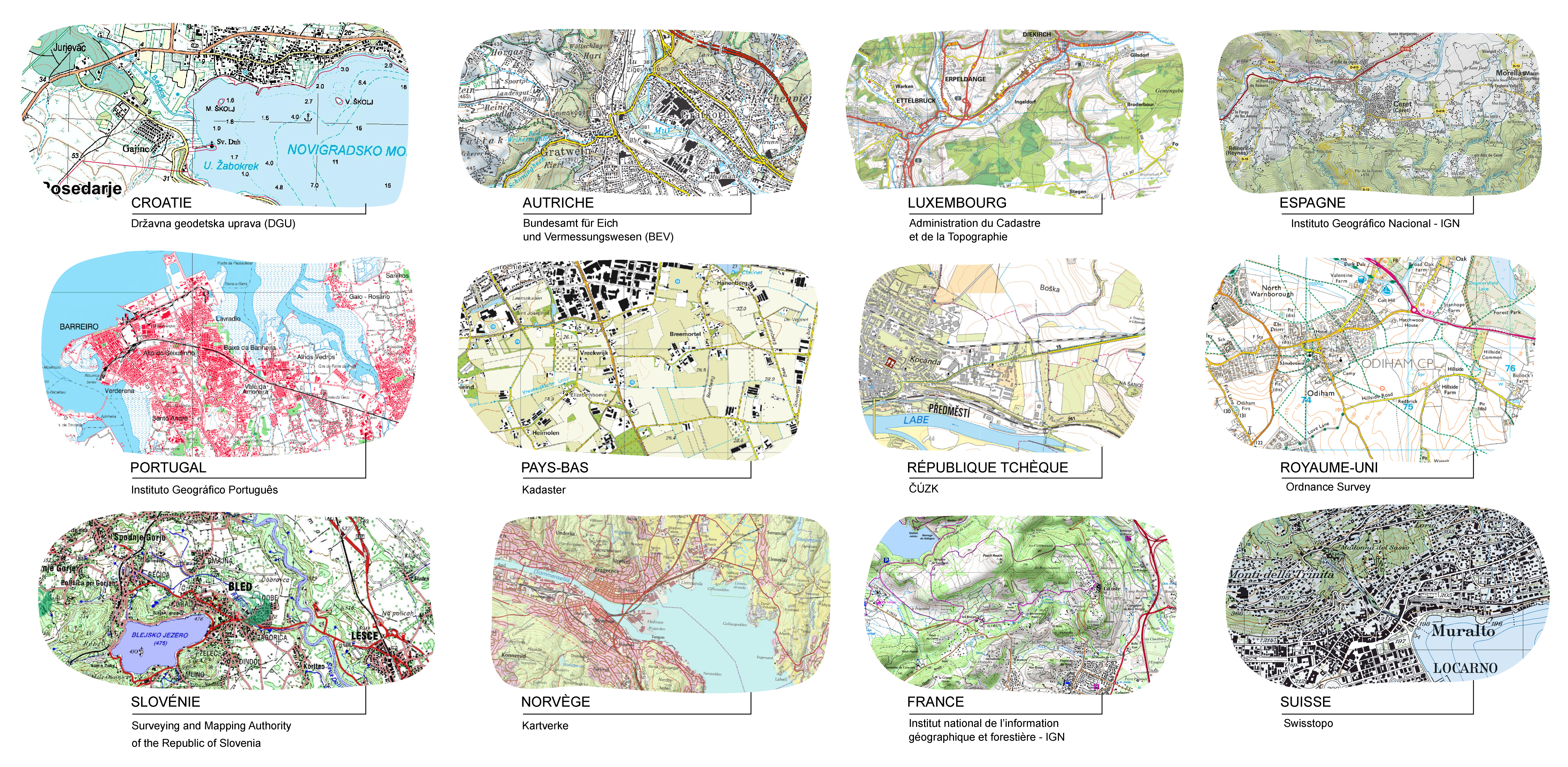 Exemples de cartes topographiques au 1:25 000 produites par différentes agences de cartographie européennes. 
