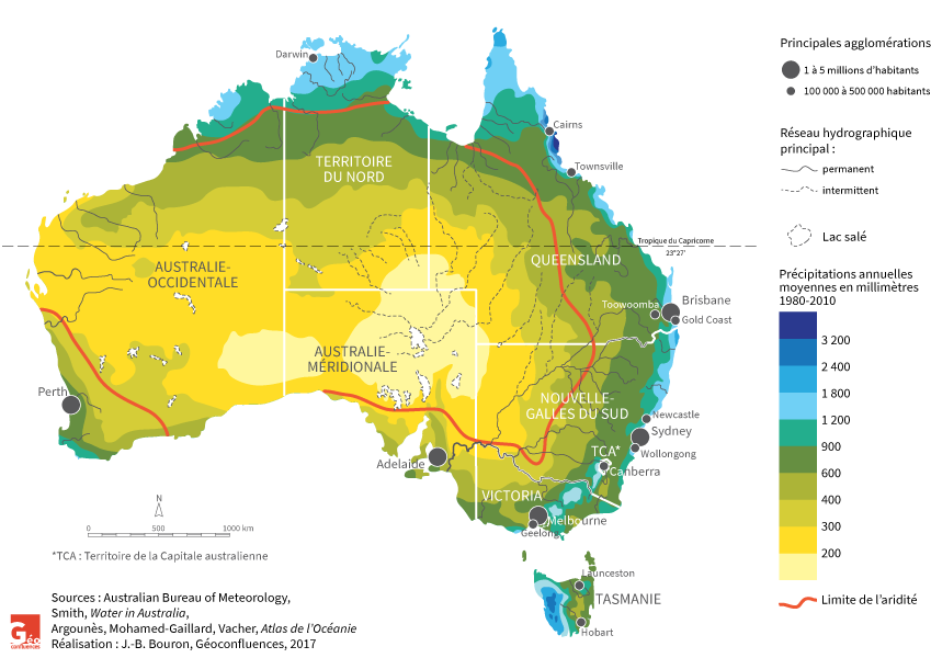carte : pluviométrie, aridité, hydrographie, et villes de l'Australie