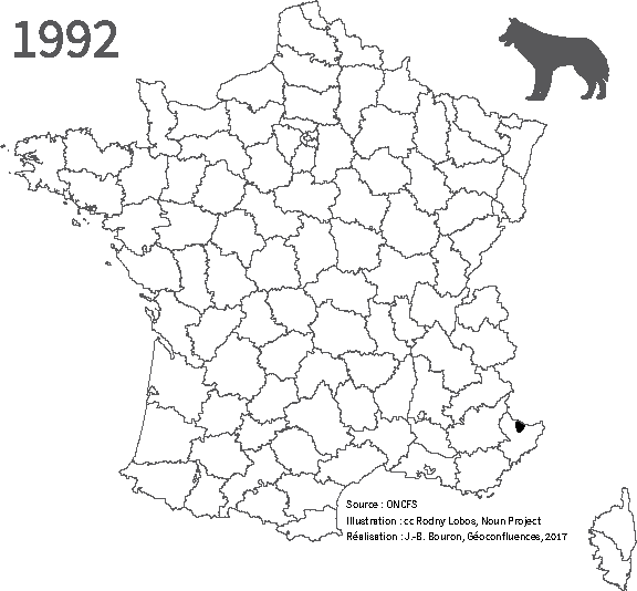 GIF carte animée évolution aire de présence du loup en France depuis 1992