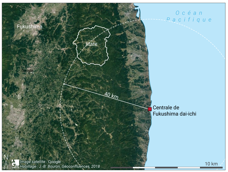 Carte terrain et localisation Iitate et centrale Fukushima Japon