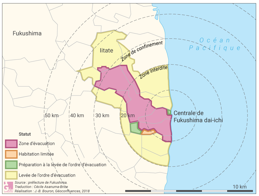 Carte des zonages d'interdiction après catastrophe de Fukushima