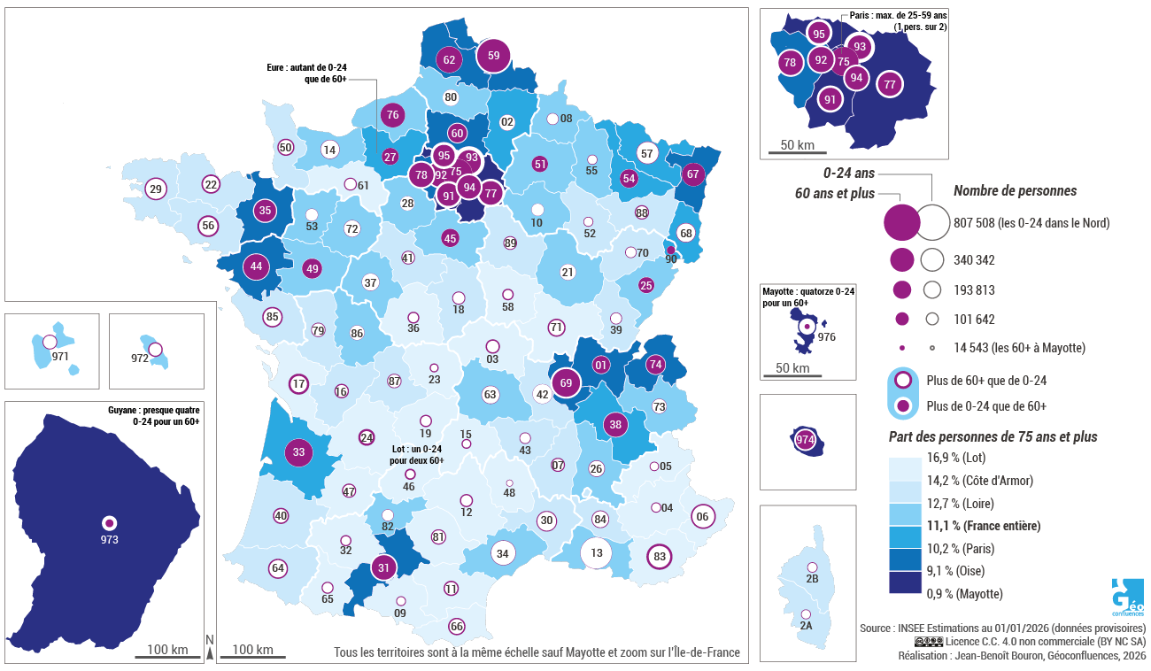 Nombre de 0-24 ans, de 60 ans et plus, et part de 75 ans et plus, par département en France carte personnes âgées par département