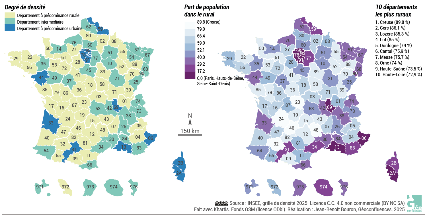 Densité de population par département en France : catégories de densité et part de population dans le rural