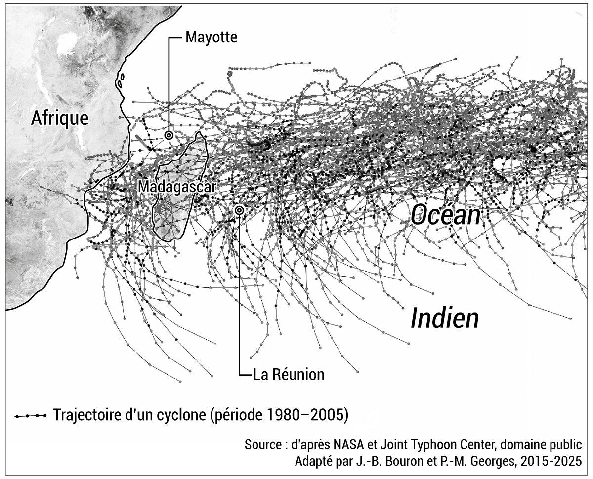  Trajectoires cumulées des cyclones dans le sud-ouest de l'océan Indien (1980-2005) 