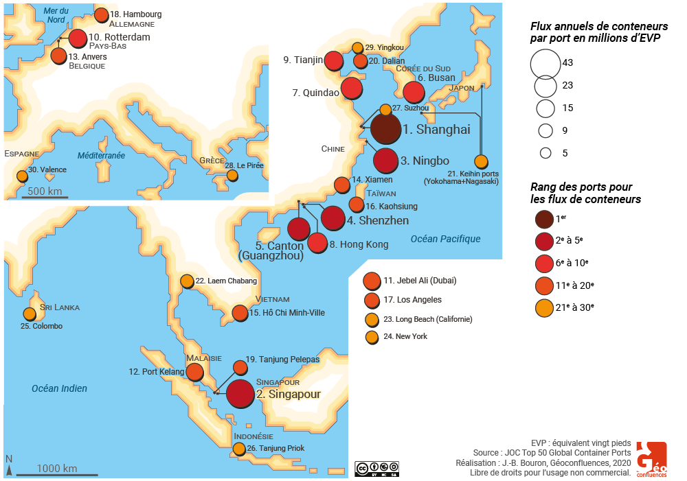 Ports à conteneurs carte monde façade Chine 2020 2019