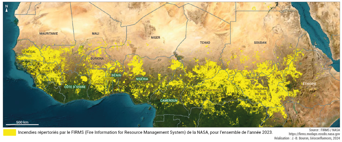 Montage d’images satellitaires montrant la localisation cumulée des feux de brousse pour l’année 2023 (Sahel)