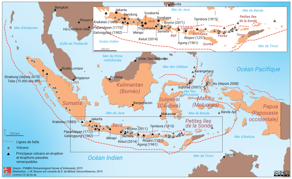 Carte volcans en Indonésie, risque volcanique, failles, asie du sud est