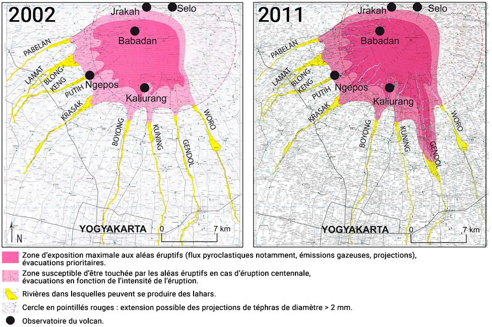 Exemples de l’évolution de la « cartes des risques » publiées par le Bureau de Géologie (Indonésie), 2002-2011