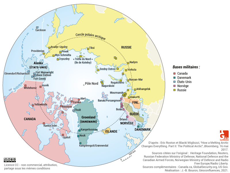 Carte bases militaires arctique USA Canada Groenland Russie Norvège Danemark Etats-Unis