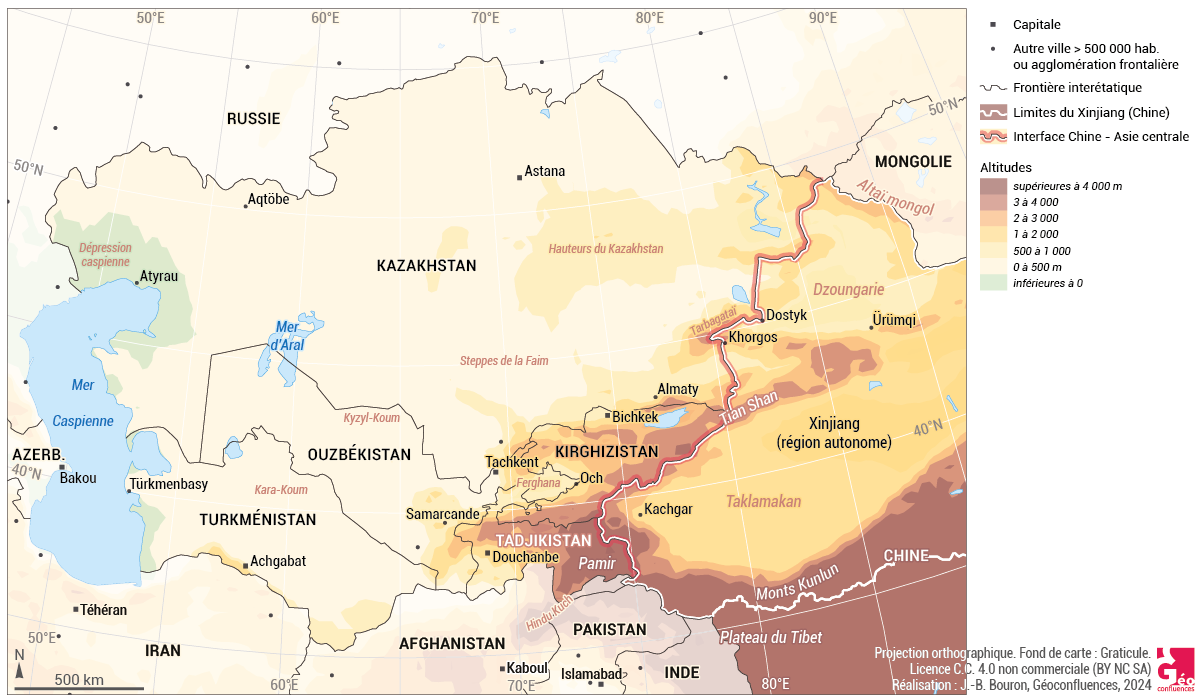 carte de l'Asie centrale avec relief et frontières