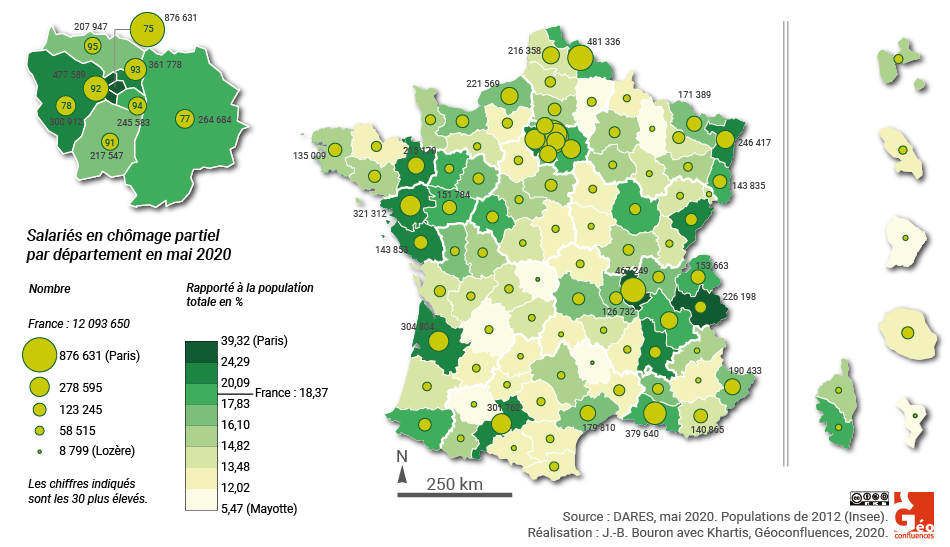 Chomage partiel en France pendant coronavirus par département carte