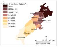Gradient de densité de quelques communes sur un transect de 25 km vers le sud-ouest à partir de Lyon