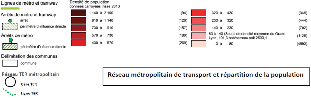Réseau métropolitain de transport et répartition de la population : légende