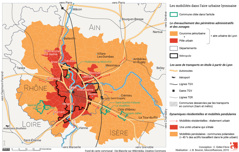 Carte Lyon aire urbaine métropole axes de transport périurbanisation croquis de synthèse