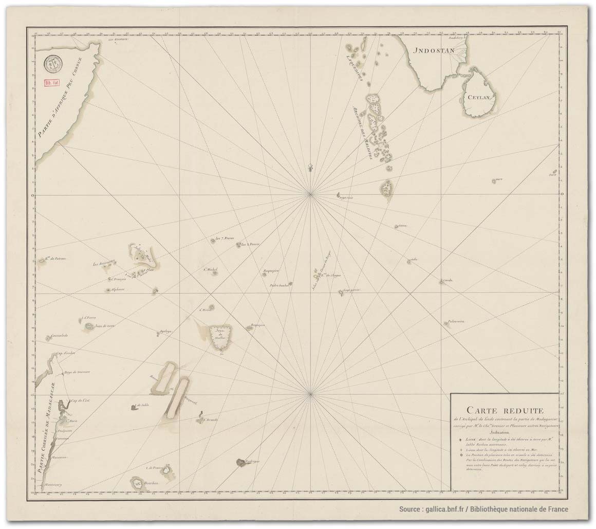 Carte réduite de l'Archipel de l'Inde contenant la partie de Madagascar corrigé (sic) par Mr le Chevalier Grenier et Plusieurs autres Navigateurs. Source : BNF Gallica. océan indien XVIIIe siècle