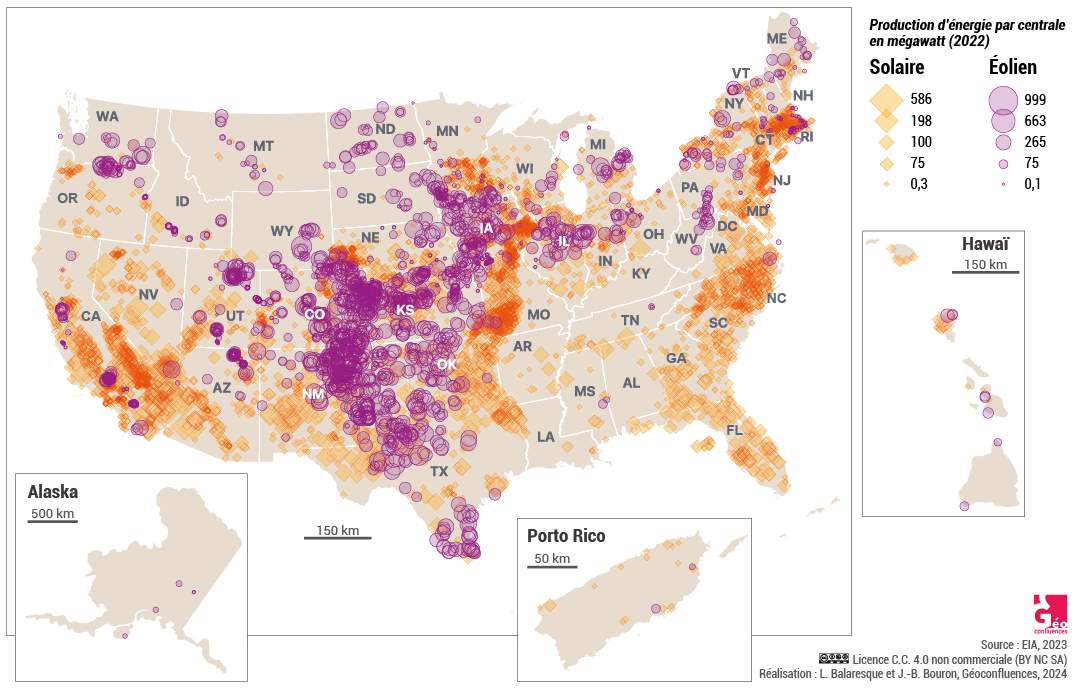 carte centrales solaires et éoliennes aux états-unis