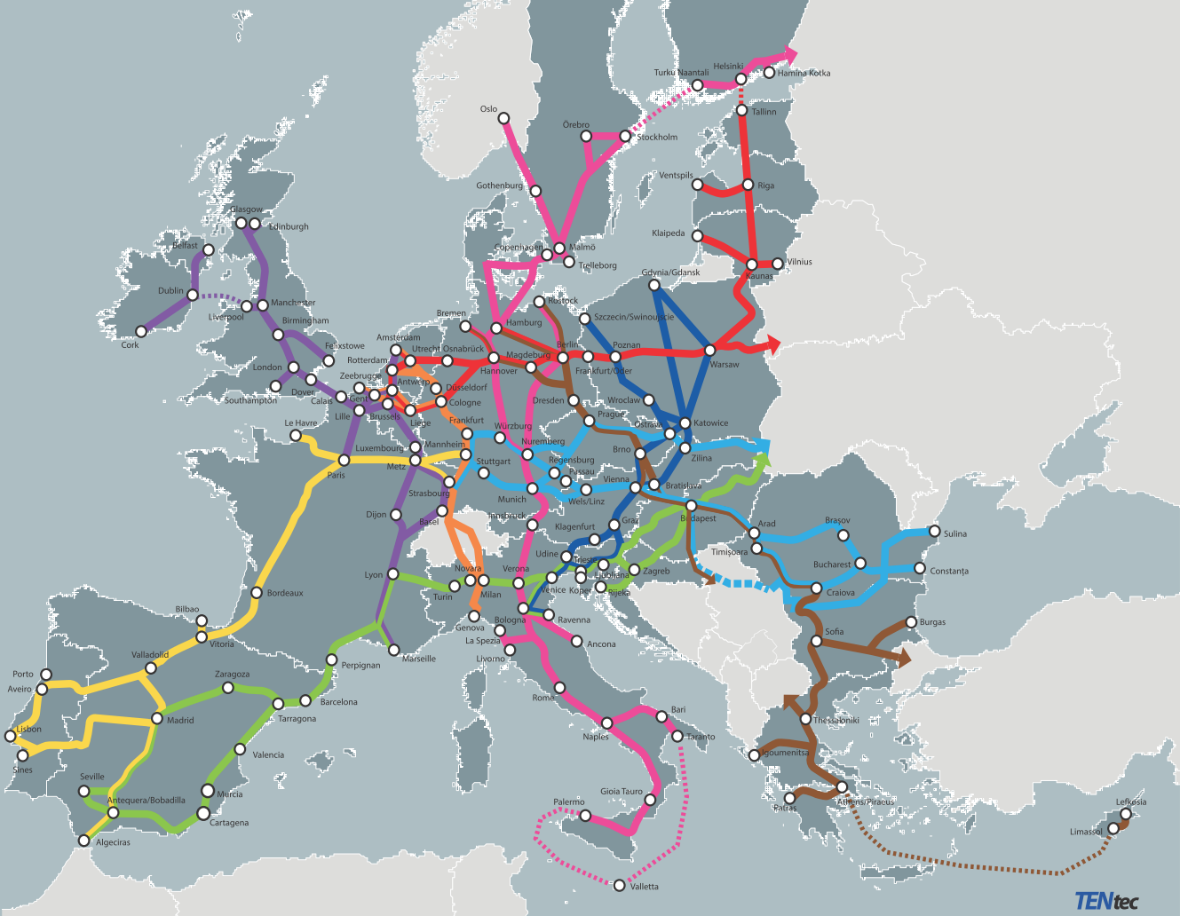 Les 9 couloirs de transport du réseau magistral des RTE-T (carte muette)