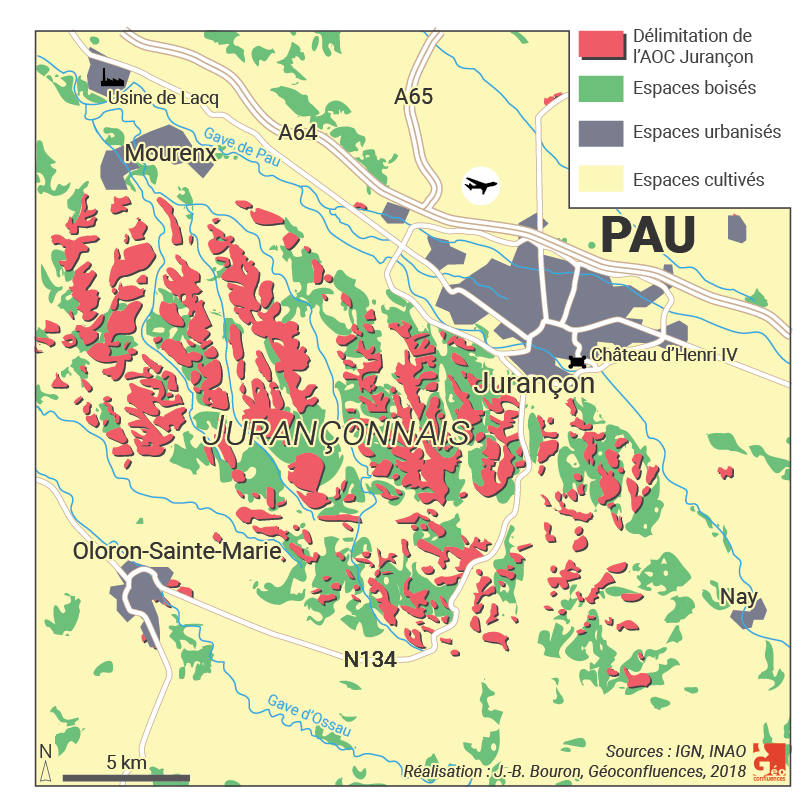 Carte de la délimitation de l'AOC Jurançon Pau 