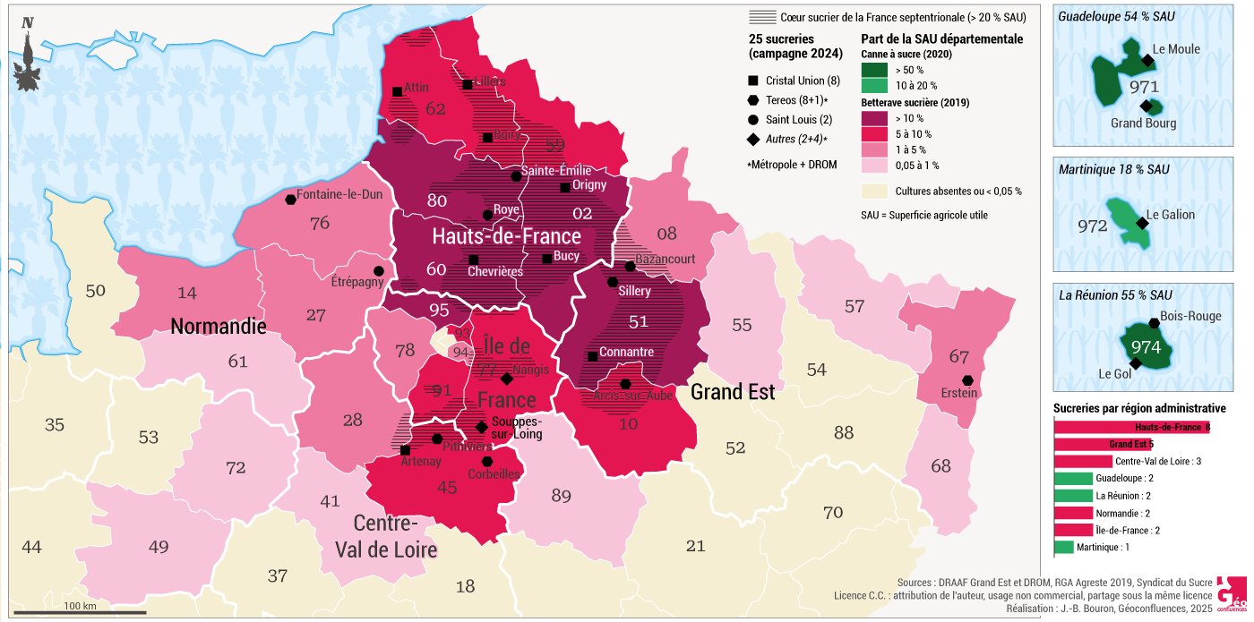 Aire de production de la betterave et de la canne à sucre en France, part de la SAU par département et sucreries