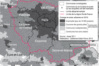 Zonage en aires urbaines et terrains retenus (Île-de-France)