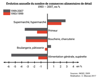 Évolution annuelle du nombre de commerces alimentaires de détail entre 1993 et 2007  	