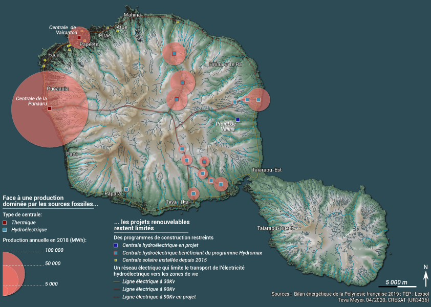 Carte production d'électricité à Tahiti par type de source