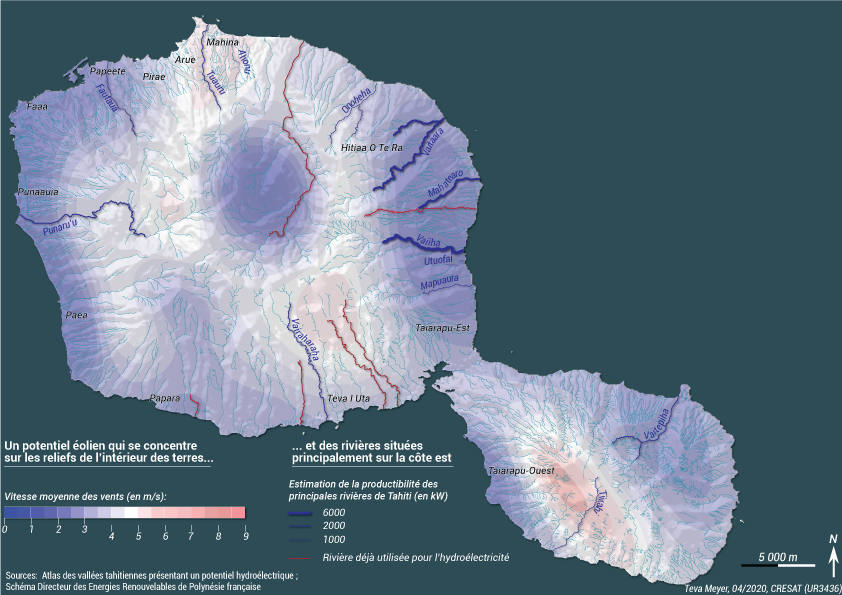 éolien et hydroelectricité à Tahiti potentiel, carte