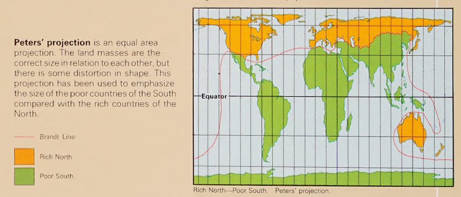 La «&nbsp;ligne Brandt&nbsp;» entre le «&nbsp;Nord riche&nbsp;» et le «&nbsp;Sud pauvre&nbsp;», sur un atlas britannique de 1990