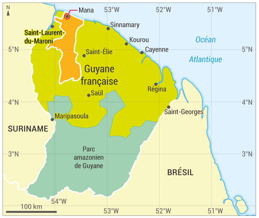 Localisation et emprise surfacique de la commune de Mana, dans le nord-ouest de la Guyane