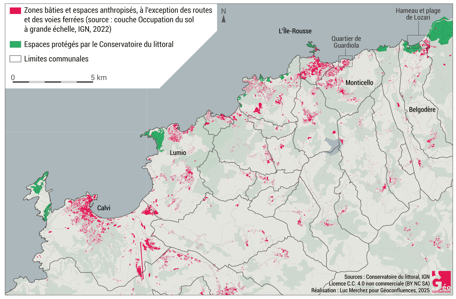 Zones urbanisées et zones protégées par le Conservatoire du littoral en Balagne (Corse)