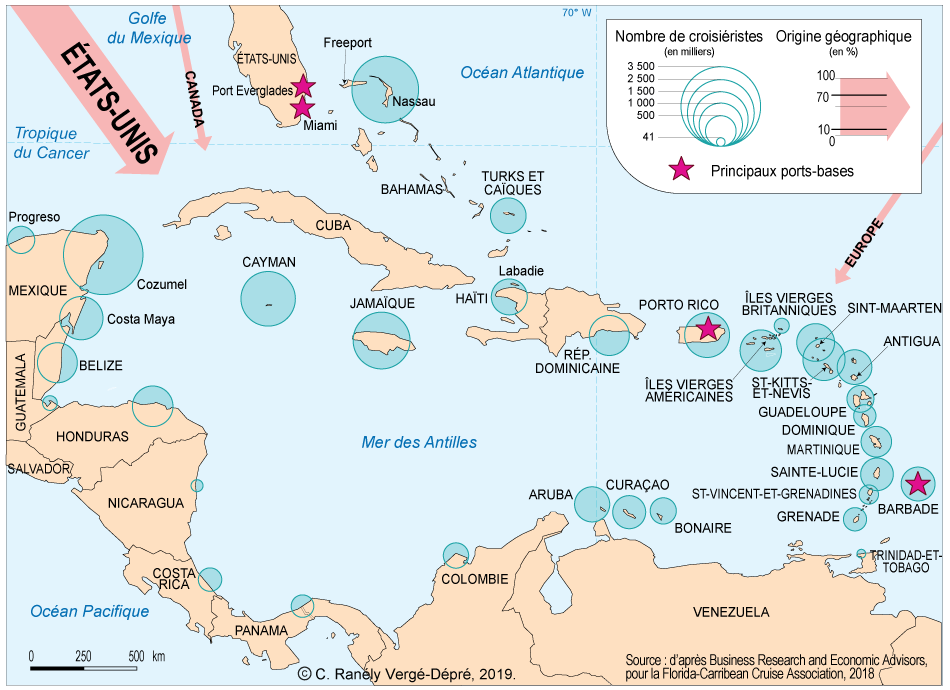 Colette Ranély Vergé-Dépré — répartition des croisiéristes dans la Caraïbe carte