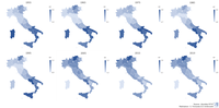Évolution de l'indice synthétique de fécondité par région (aux frontières actuelles), 1955-2019 (Italie)