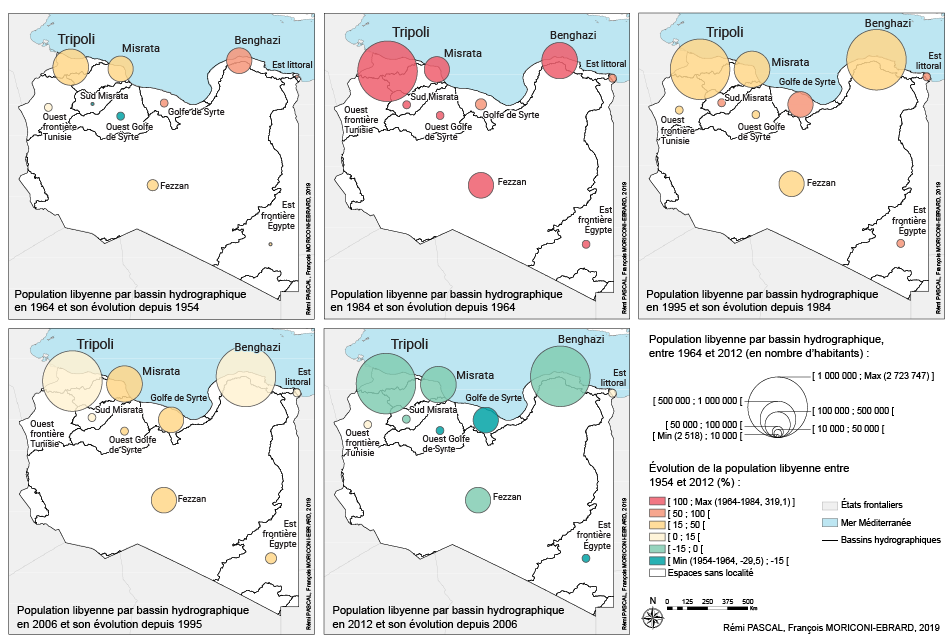 François Moriconi Ebrard et Rémi Pascal — Carte population par bassin hydrographique Libye évolution 1954 2012