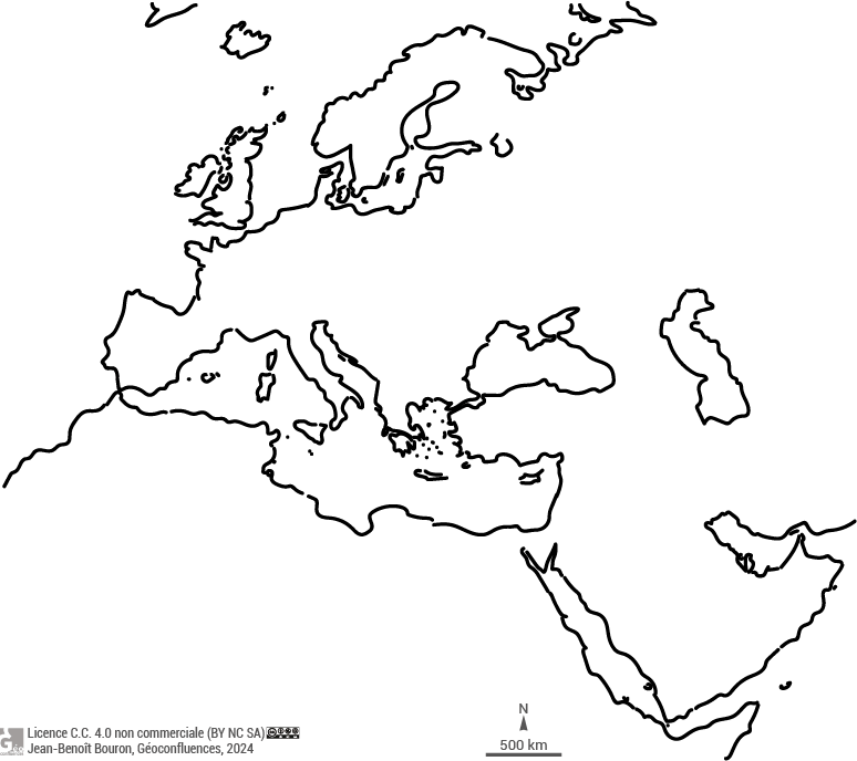 Fond de carte simple, muet et vierge, Europe et Proche Orient, bassin de la Méditerranée